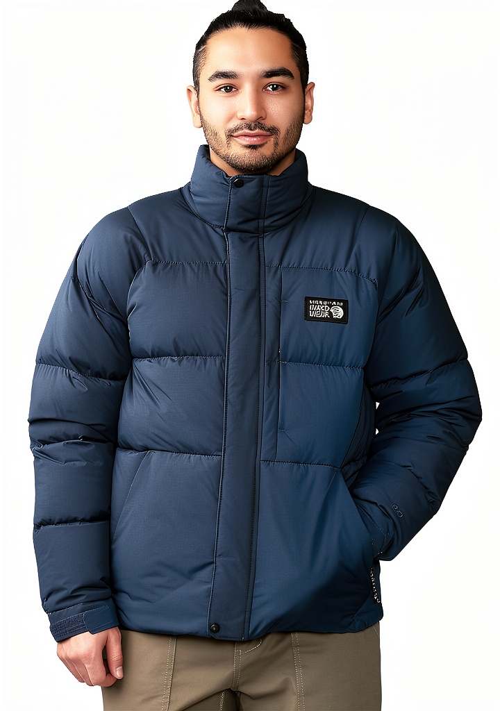 Doudoune Nevadan Homme Mountain Hardwear Bleu Trail Dust portée lors d'une randonnée en forêt automnale